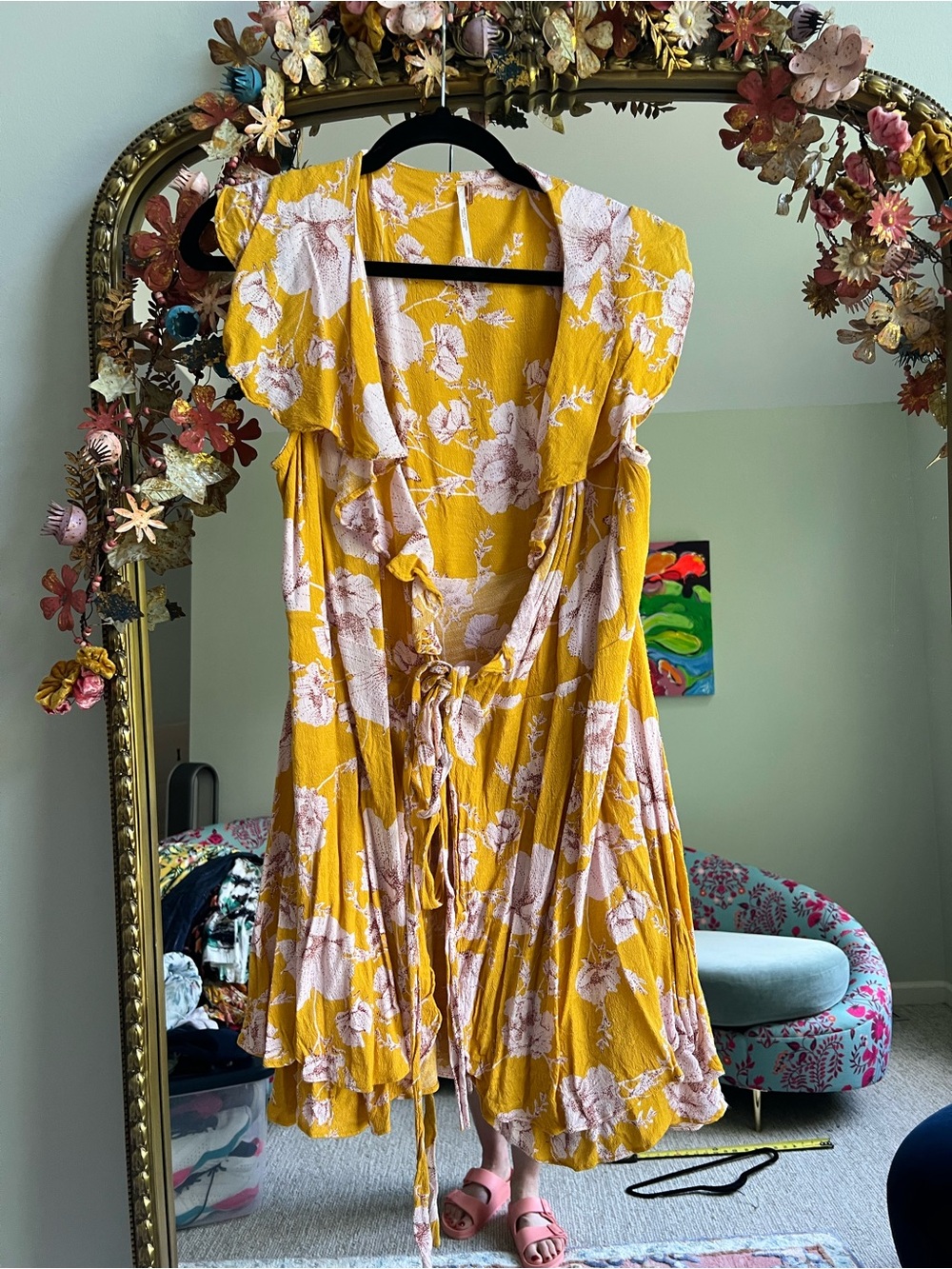 Free People Mustard Yellow Floral Mini Wrap Dress